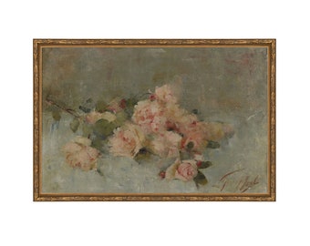 May include: A framed oil painting of a bouquet of pink roses with green leaves on a light blue background.