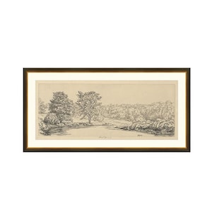 FRAMED Forest Etching. Vintage Forest Drawing. Framed Forest Landscape. Countryside Landscape Etching. Vintage Engraving Print with Frame.