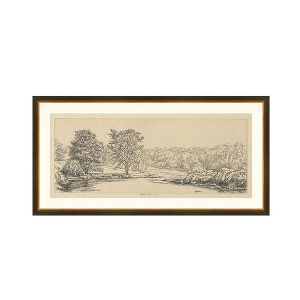 FRAMED Forest Etching. Vintage Forest Drawing. Framed Forest Landscape. Countryside Landscape Etching. Vintage Engraving Print with Frame.