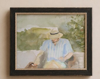 Estampe d'art aquarelle d'inspiration vintage, portrait dans les tons bleus et verts. Homme dans le jardin