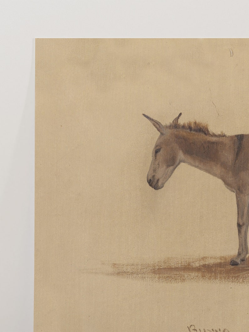 Puede incluir: Una pintura de acuarela de un burro marr&oacute;n de pie sobre un fondo marr&oacute;n claro. El burro est&aacute; mirando hacia la izquierda y tiene la cabeza baja.