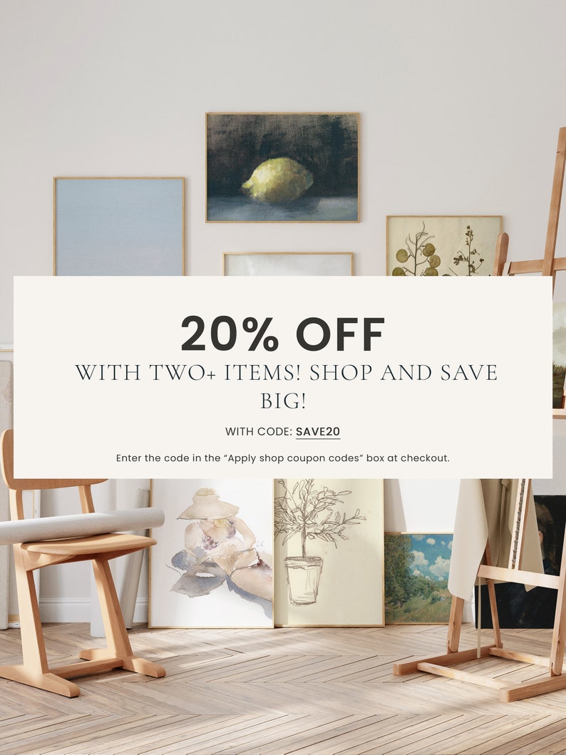 Op de afbeelding: Een wit bord met de tekst "20% OFF WITH TWO+ ITEMS! SHOP AND SAVE BIG! WITH CODE: SAVE20 Enter the code in the "Apply shop coupon codes" box at checkout."