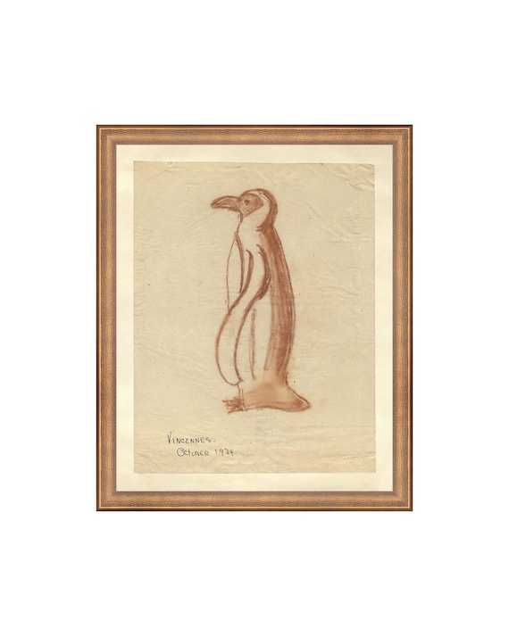 FRAMED. Penguin Sketch |  Framed Penguin Art | Framed Drawing Art Animal | Vintage Animal Art | Nursery Vintage | Framed Wall Art.