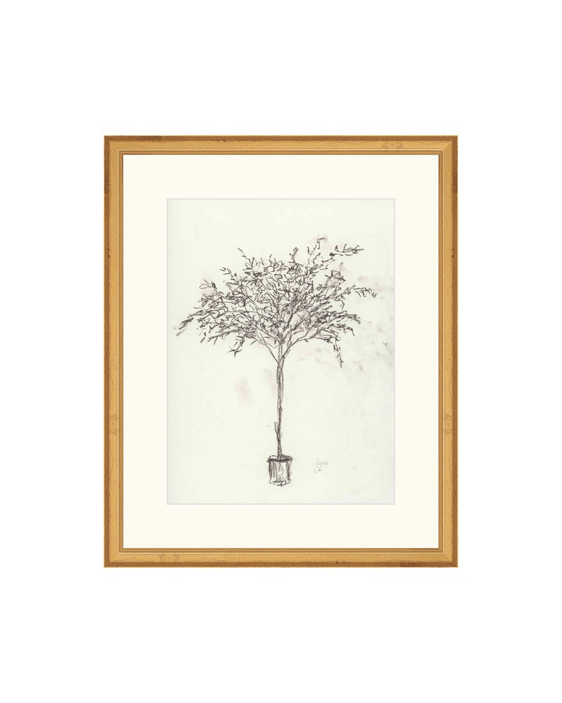 Puede incluir: Un dibujo en blanco y negro de un &aacute;rbol en maceta sobre un fondo marr&oacute;n claro. El dibujo est&aacute; enmarcado en un marco dorado.