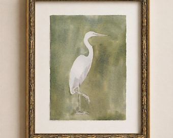 Great Egret Gold Frame, 8x10 Bird Print, White Bird and Olive Green Watercolor Artwork