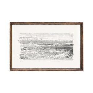 Puede incluir: Un dibujo a lápiz en blanco y negro enmarcado de un paisaje marítimo con olas rompiendo en la costa.