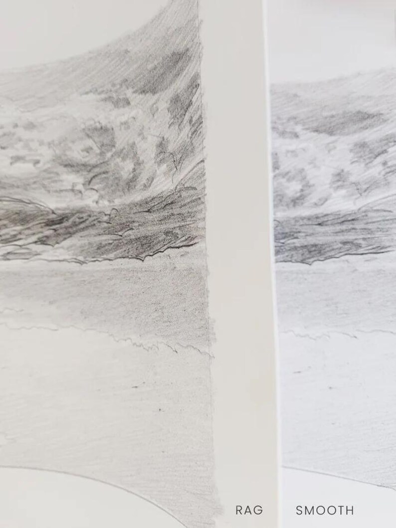 May include: Two samples of paper texture, one labeled "RAG" and the other "SMOOTH". The "RAG" sample has a rough, textured surface, while the "SMOOTH" sample has a smooth, even surface.