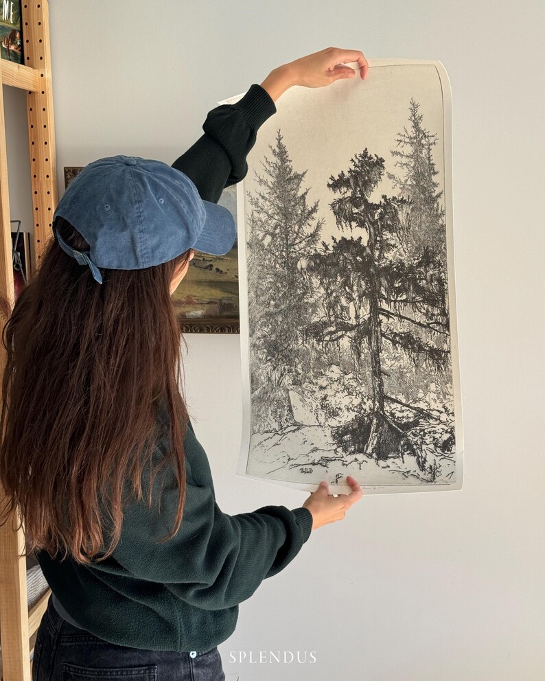 May include: A black and white print of a forest scene with tall trees. The print is on a white background and is being held by a person.