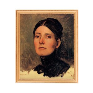 Puede incluir: Un retrato al &oacute;leo enmarcado de una mujer. La mujer tiene el pelo oscuro y lleva una camisa oscura de cuello alto. El fondo es de un verde apagado.