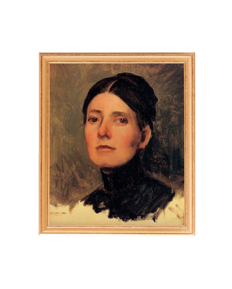 Puede incluir: Un retrato al &oacute;leo enmarcado de una mujer. La mujer tiene el pelo oscuro y lleva una camisa oscura de cuello alto. El fondo es de un verde apagado.