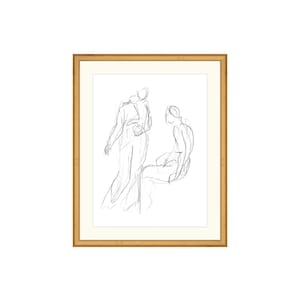 May include: A black and white line drawing of two figures, one standing and one sitting, framed in a light wood frame.
