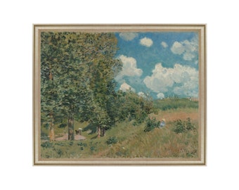 May include: A painting depicting a landscape with a group of trees in the foreground and a blue sky with white clouds in the background. The trees are green and the grass is a light green. There are people walking on a path in the distance.