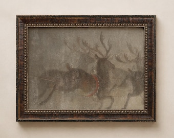Tableau encadré « Renne au crépuscule », impression vintage de rennes d'hiver, décoration de Noël rustique, œuvre d'art Moody Lodge, cadre tortue antique