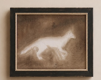 Estampe d'art représentant un renard blanc, étude animalière vintage, illustration champêtre aux tons bruns neutres, dessin rustique de renard, décoration murale de style cottage, estampe encadrée représentant un animal sauvage