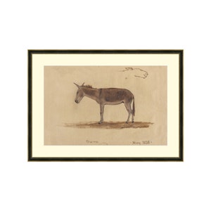 May include: A framed drawing of a brown donkey standing on a beige background. The drawing is signed "Burra - May 1858 -."