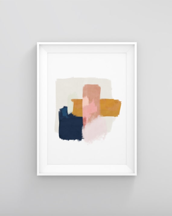 Abstract Print Pink Navy Blue And Mustard Yellow