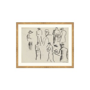 Op de afbeelding: Een zwart-wit schets van een groep mensen met hoeden. De schets is getekend in een losse, gestileerde stijl en lijkt een snelle studie van een groep mensen te zijn.
