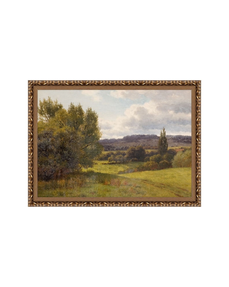 Op de afbeelding: Een ingelijst olieverfschilderij dat een landelijk landschap afbeeldt met een kronkelend pad dat door een veld met groen gras loopt. Het schilderij toont een grote boom op de voorgrond, een verre heuvel op de achtergrond en een bewolkte lucht.