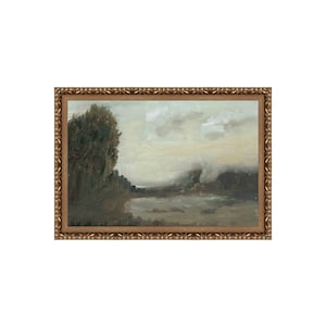 May include: A framed oil painting depicting a landscape scene with a river, trees, and a cloudy sky. The painting is in a gold frame with ornate details.