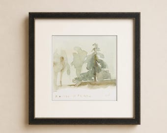 Estampe d'art aquarelle vert sauge représentant une forêt de pins. Études de pins II