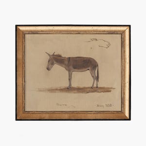 May include: A framed watercolour painting of a brown donkey, with the text "Burro - May 1858 -" written below the donkey.