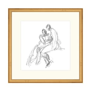 May include: A black and white pencil sketch of two people sitting together. The sketch is framed in a gold frame.