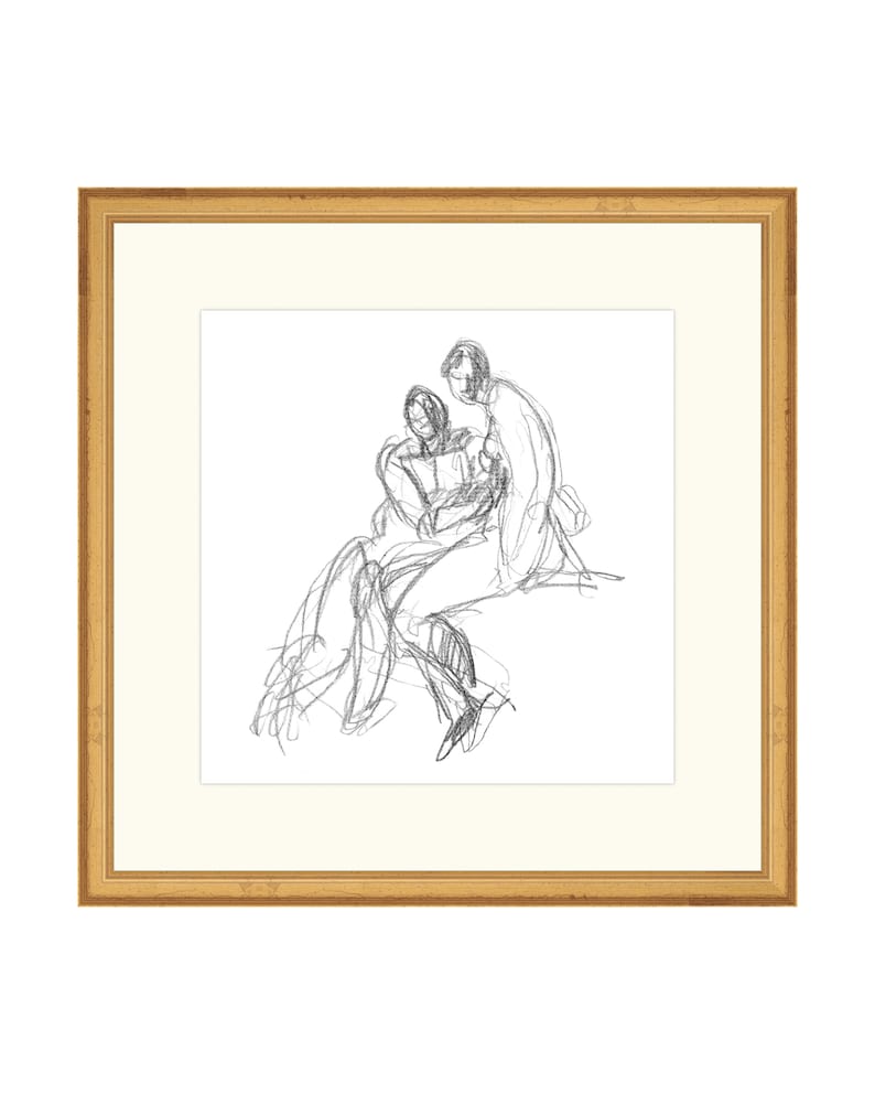 May include: A black and white pencil sketch of two people sitting together. The sketch is framed in a gold frame.