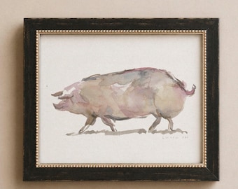 Cochon. Aquarelle de cochon. Illustration de cochon de ferme. Impression giclée d'animaux Cotaggecore. Décoration murale cochon crème et rose poudré.