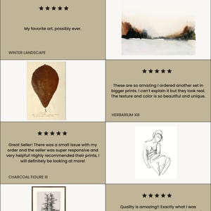 May include: Four customer reviews for art prints. Each review includes a five-star rating, a short description, and the name of the print. The prints include a winter landscape, a charcoal figure, a botanical illustration, and a framed tree etching.