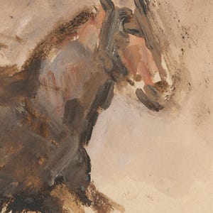 May include: A close-up of a brown and black horse's head, painted in a loose, expressive style. The horse's head is turned to the side, and its mane is flowing in the wind. The background is a light brown colour.