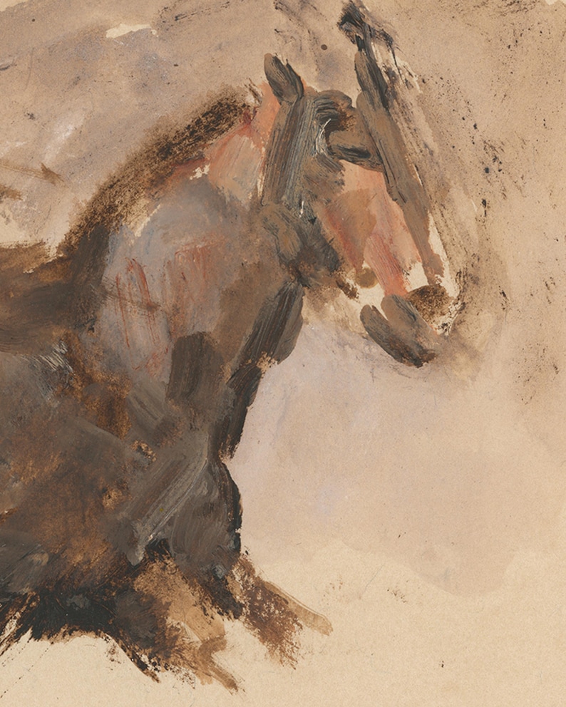 May include: A close-up of a brown and black horse's head, painted in a loose, expressive style. The horse's head is turned to the side, and its mane is flowing in the wind. The background is a light brown colour.