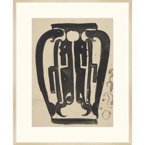 May include: A black and white ink drawing of a vase with a geometric design. The vase is framed in a light wood frame.