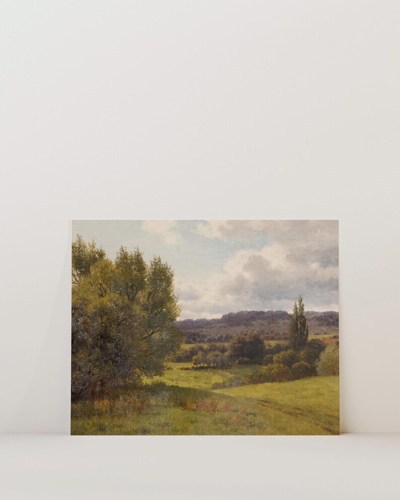 Op de afbeelding: Een schilderij van een landelijk landschap met een groen veld, bomen en een heuvel in de verte. De lucht is blauw met witte wolken.