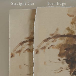 May include: Two pieces of brown paper, one with a straight edge and the other with a torn edge. Both pieces have brown paint strokes on them.