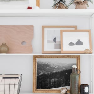 May include: A white shelf with a variety of items, including a wooden cutting board, framed artwork, a black and white photo of a mountain range, a ceramic vase, a glass bottle, and a small decorative object. The shelf is decorated with two small artificial Christmas trees.