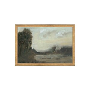 May include: A framed painting of a landscape with a lake, trees, and a cloudy sky. The painting is done in muted tones of blue, green, and brown.