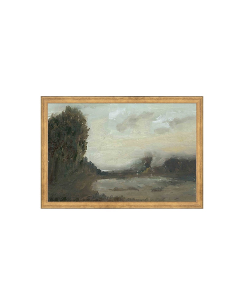 May include: A framed painting of a landscape with a lake, trees, and a cloudy sky. The painting is done in muted tones of blue, green, and brown.