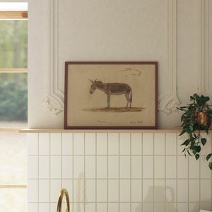 Puede incluir: Una ilustraci&oacute;n vintage enmarcada de un burro marr&oacute;n con el texto "Esel" y "Muny H.B." debajo de la imagen. El marco es de madera marr&oacute;n y la imagen est&aacute; en una pared de azulejos blancos.