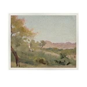 Könnte beinhalten: Ein Gemälde einer Landschaft mit einem großen Baum im Vordergrund und einem Gebirge im Hintergrund. Der Himmel ist hellblau und die Berge sind in einem sanften Lila gehalten.