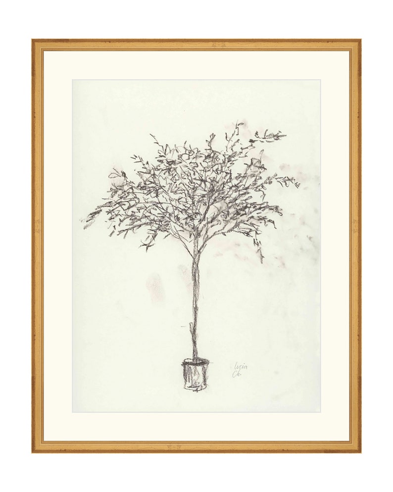 Puede incluir: Un dibujo a l&aacute;piz en blanco y negro de un &aacute;rbol en maceta sobre un fondo marr&oacute;n claro. El dibujo est&aacute; enmarcado en un marco dorado. La firma del artista, "Lyrin Ch", est&aacute; en la esquina inferior derecha.