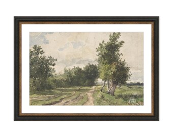 May include: A watercolour painting depicting a winding dirt road through a lush green landscape. The road leads to a group of trees in the distance, with a cloudy sky above.