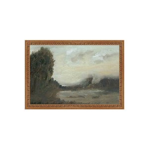 May include: A framed painting of a landscape with a lake, trees, and a cloudy sky. The painting is done in muted tones of blue, green, and brown.