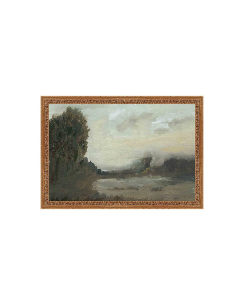 May include: A framed painting of a landscape with a lake, trees, and a cloudy sky. The painting is done in muted tones of blue, green, and brown.