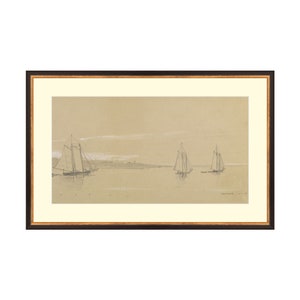 FRAMED. Fishing Day. Sailboat Modern Charcoal Art. Charcoal Drawing on Canvas. Neutral Seascape Art Print. Modern Drawings. Drawing Wall Art.