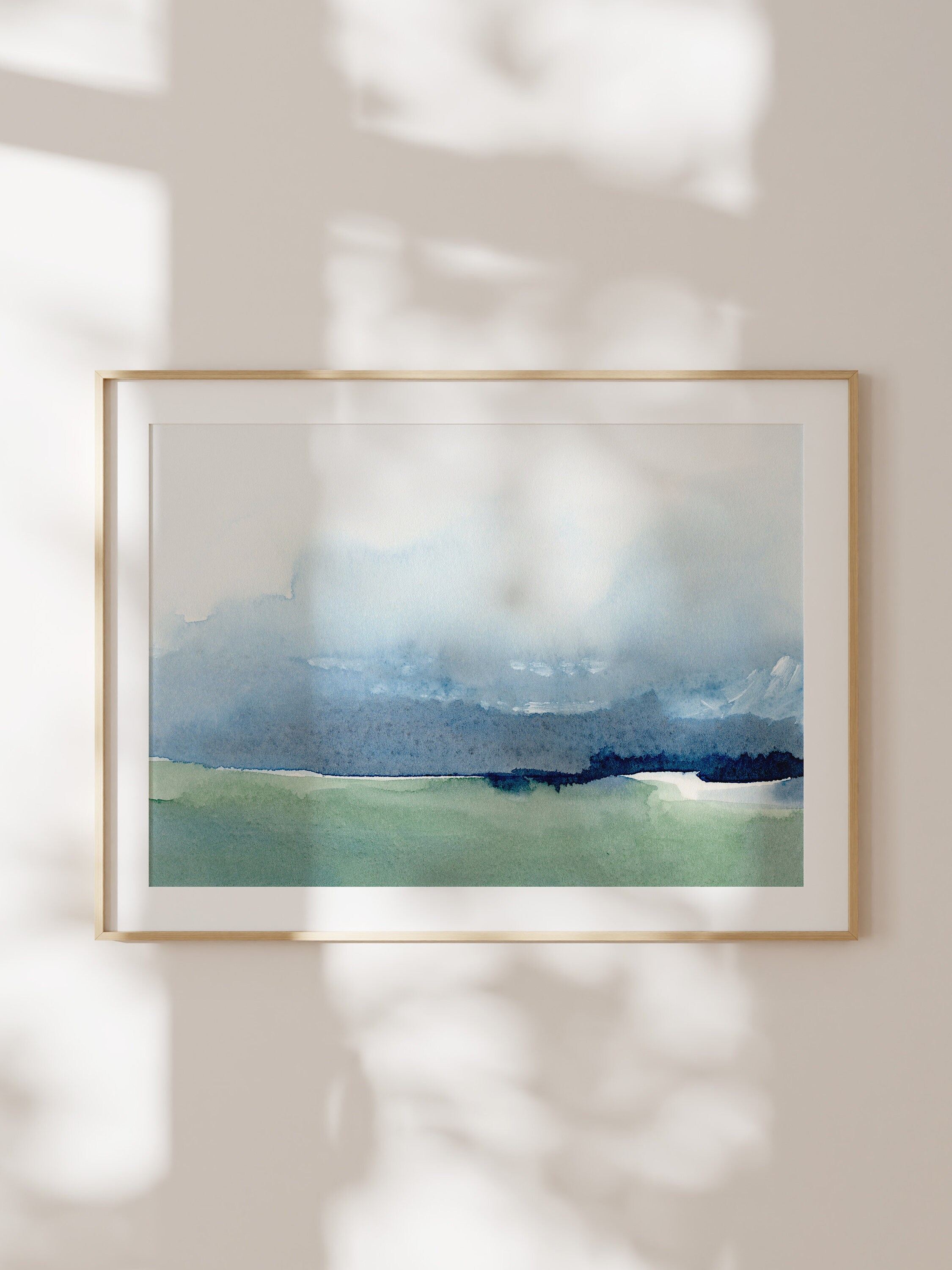 Blue and Green Landscape Watercolor Printed. Abstract Modern Watercolor ...