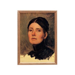 Puede incluir: Un retrato de mujer pintado al &oacute;leo y enmarcado. La mujer tiene el pelo oscuro y lleva una blusa oscura de cuello alto. El fondo es de un verde apagado.