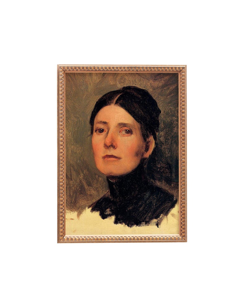 Puede incluir: Un retrato de mujer pintado al &oacute;leo y enmarcado. La mujer tiene el pelo oscuro y lleva una blusa oscura de cuello alto. El fondo es de un verde apagado.