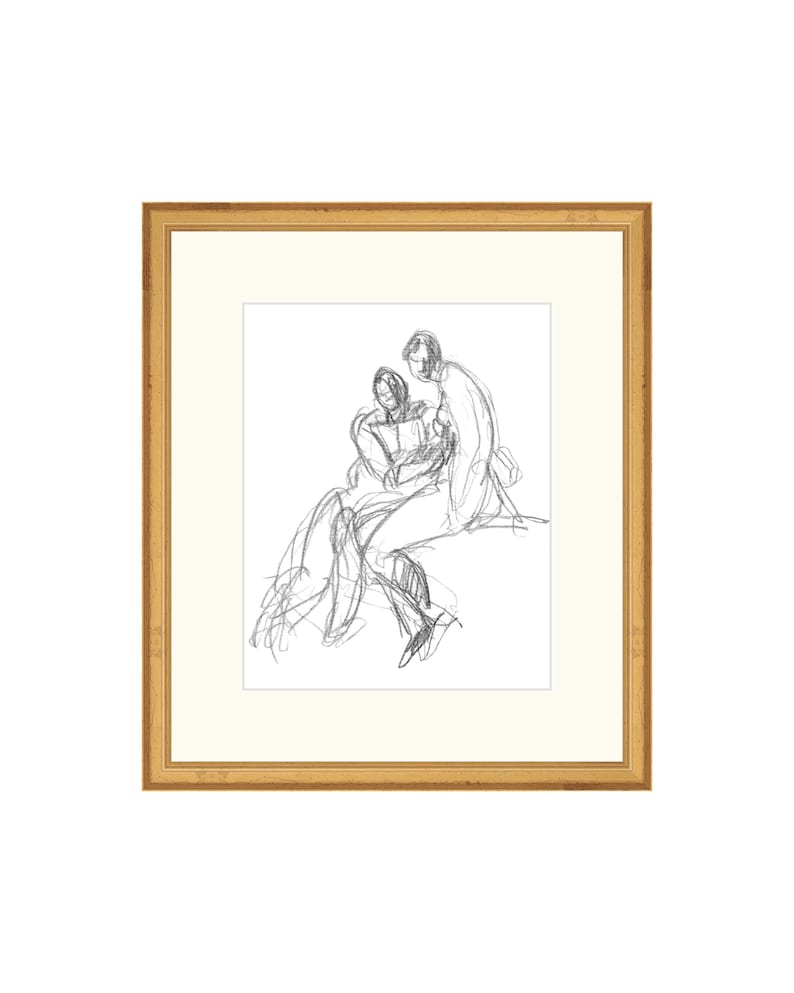 May include: A black and white pencil sketch of two people sitting together. The sketch is framed in a gold frame.