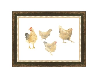 Poules à l'aquarelle. Décoration murale représentant des poules. Étude pastorale encadrée de poules. Tons terreux doux.
