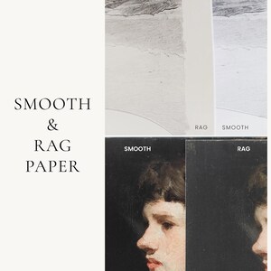 May include: A side-by-side comparison of two different types of paper: smooth and rag. The smooth paper is on the right and the rag paper is on the left. The smooth paper is white and the rag paper has a textured surface. The image shows a close-up of the paper texture.